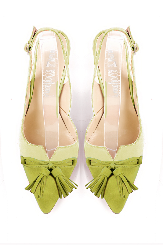 Pistachio green women's open back shoes, with a knot. Tapered toe. High slim heel. Top view - Florence KOOIJMAN